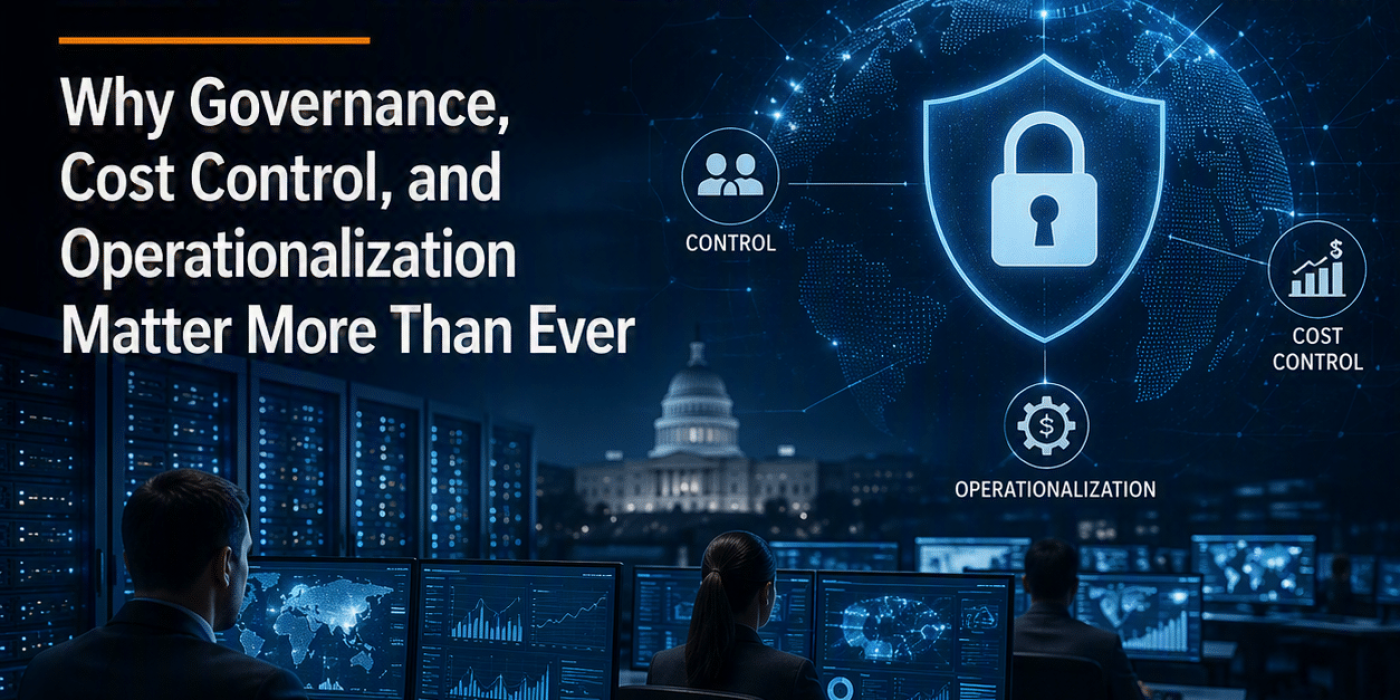 A business meeting with digital overlays highlights AI governance, control, and cost management, emphasizing operationalization and risk reduction. The text discusses the importance of these factors within the framework of AI Ops and solutions like Apptio to streamline processes and enhance decision-making in today’s evolving AI landscape.