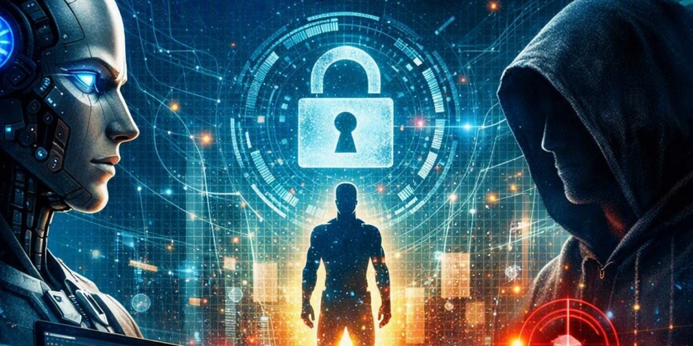 A robot and a hooded figure face off with cybersecurity icons and warning symbols; text reads “Agentic AI Is Here. Is Your Menlo Security Strategy Ready?”.