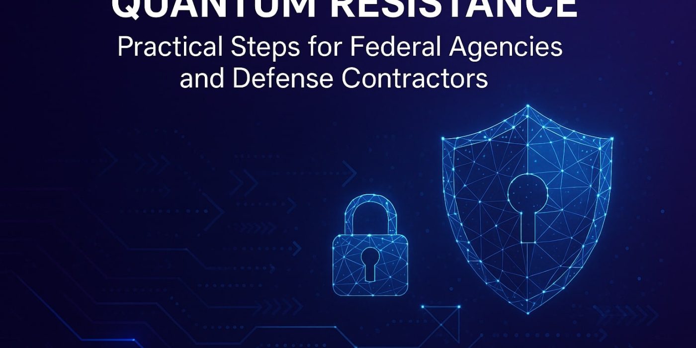 Digital lock and shield icons with the text "Quantum Resistance: Practical Steps for Federal Agencies and Defense Contractors" on a dark blue background, highlighting essential strategies for quantum resistance in federal agencies.