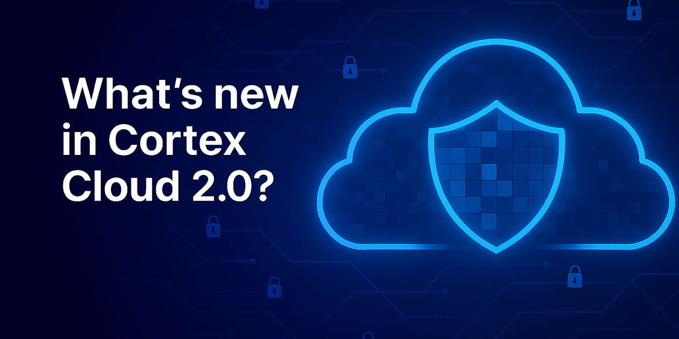Dark image featuring a glowing cloud with a shield icon, small padlock symbols, and the text “What’s new in Cortex Cloud 2.0?” on the left side, highlighting Palo Alto Networks' latest Cortex security innovations.