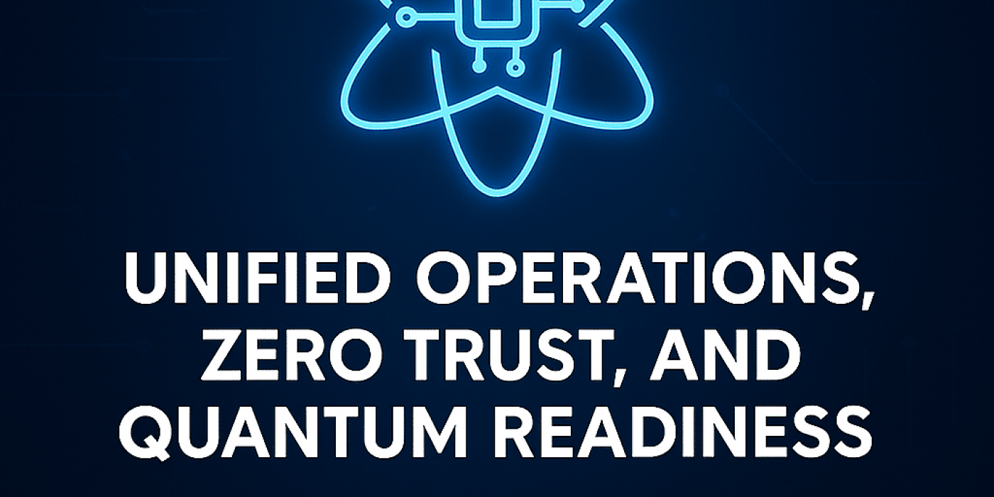 Blue neon graphic of an atom with a chip inside, above the text: "Unified Operations, Zero Trust, and Quantum Readiness with PAN OS Pan Orion 12.1" on a dark background.